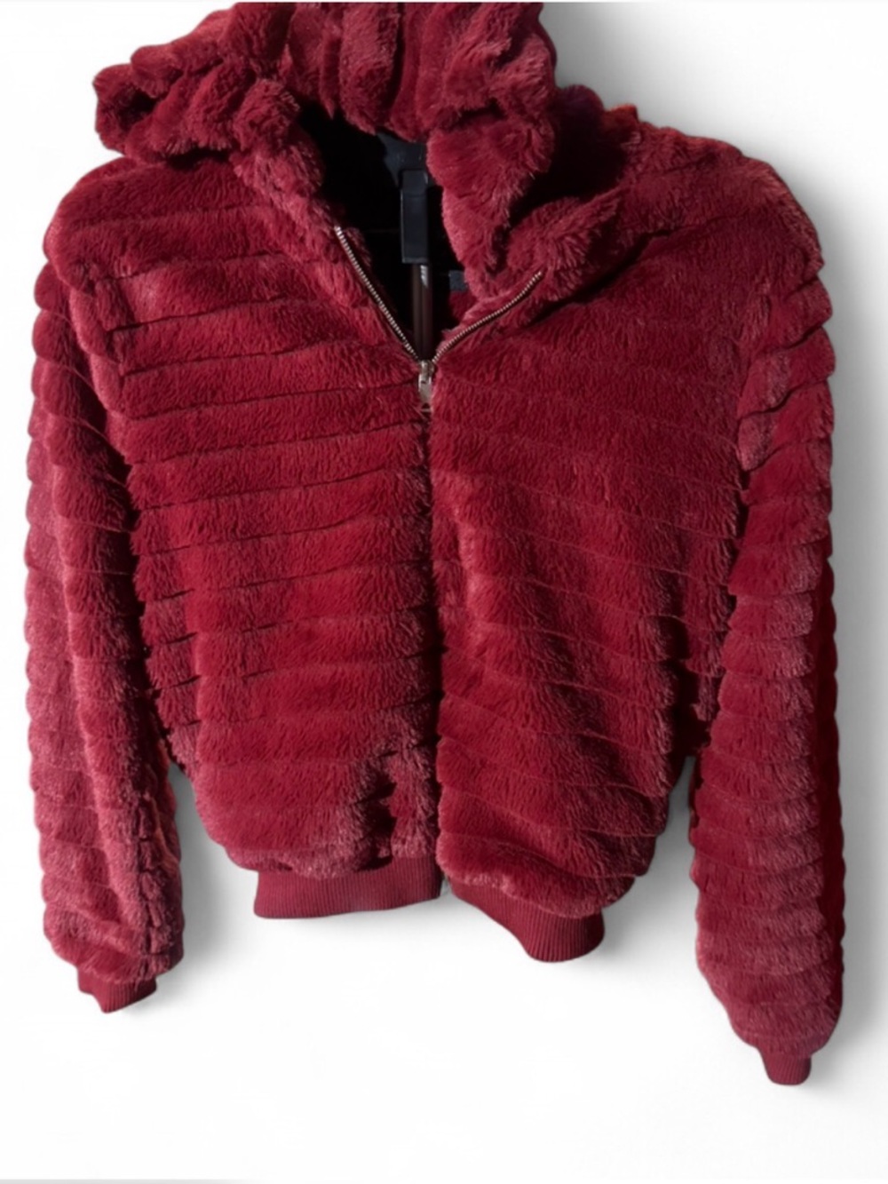Love Tree Burgundy Red Faux Fur Jacket Medium Zip Up Hoodie Cozy Y2K Style
